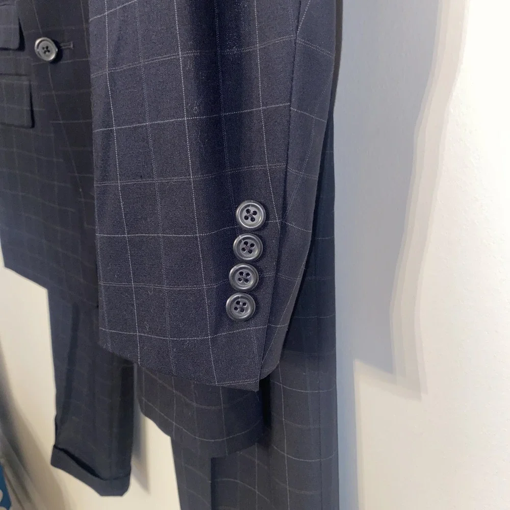 Vintage Tommy Hilfiger Suit Black Windowpane 2 Pc Pleated 90s Made USA 42R 33x29